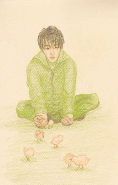 seated Xiaoge beckoning some chicks towards him